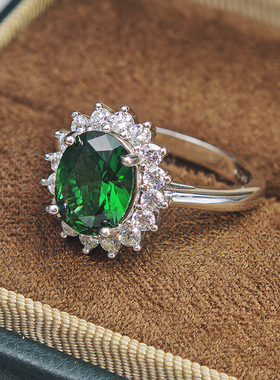 戴妃款祖母绿水晶925银戒指