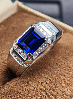 蓝宝石戒指男纯银镀金镶嵌