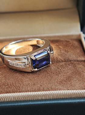 蓝宝石戒指男925纯银镀金镶嵌