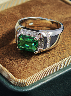 祖母绿水晶绿宝石925纯银男戒指