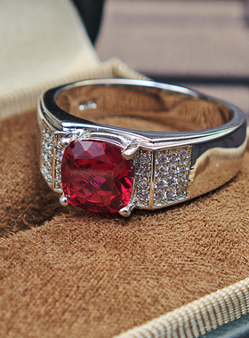 精致时尚男士饰品925银红宝戒指