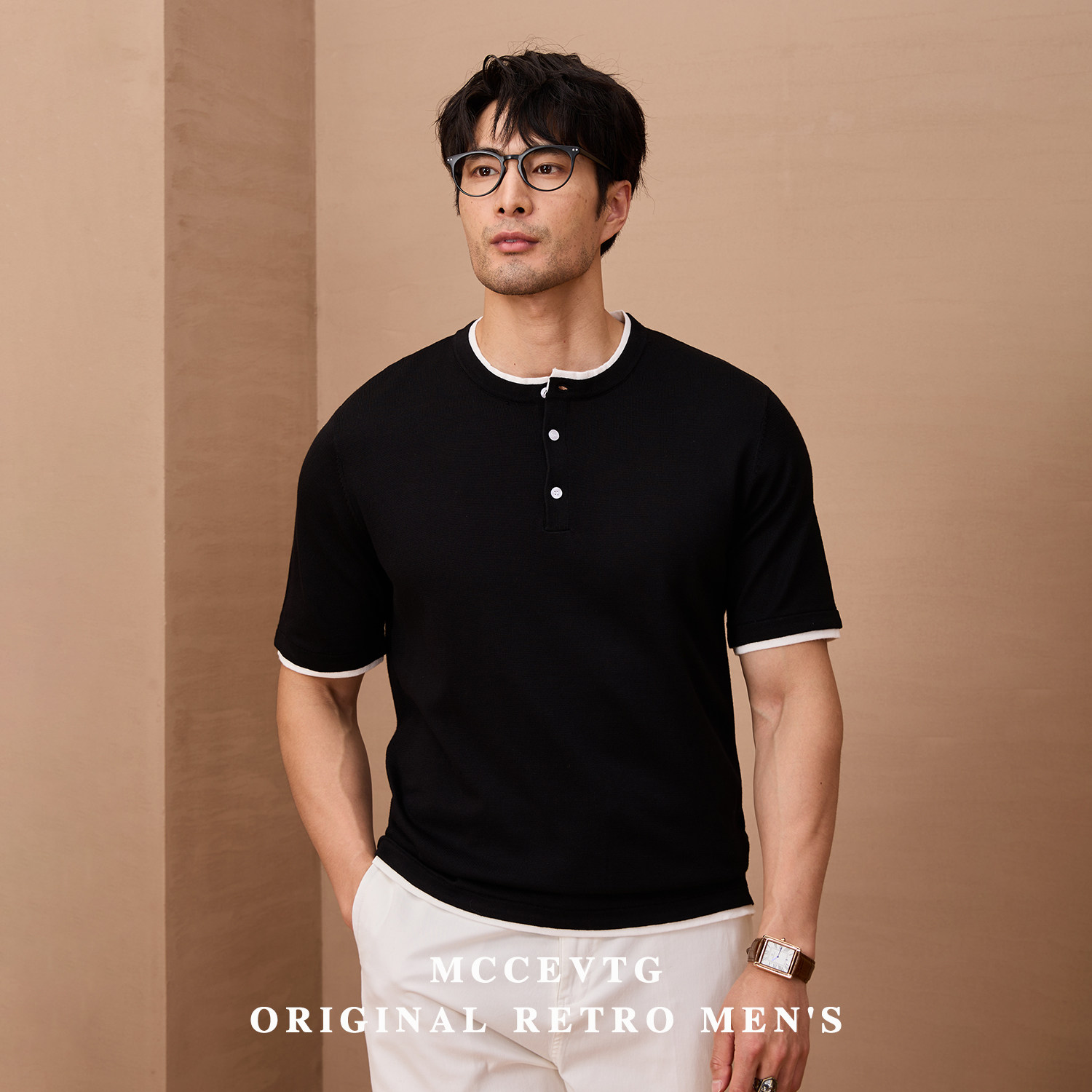 MCCEVTG意式老钱 假两件复古亨利领针织短袖T恤美式纯色休闲春夏,淘宝优惠券,粉丝福利购,淘宝优惠卷