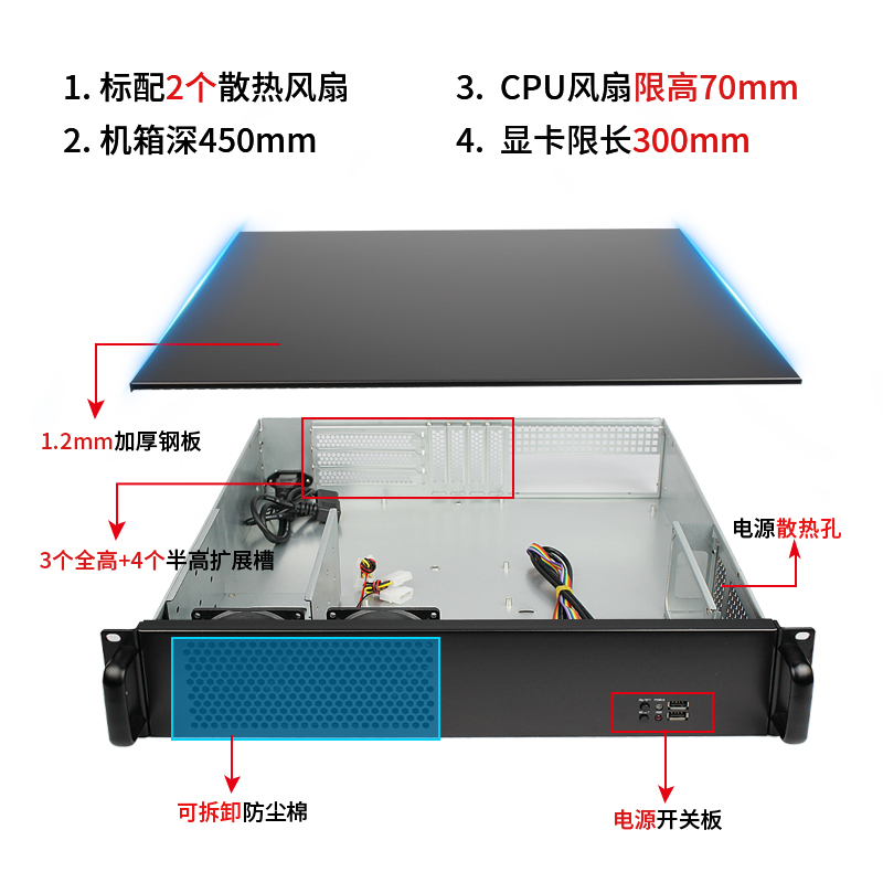 2u工控机箱短450深全高显卡横插atx主板PC电源机架式服务器台式机-图1