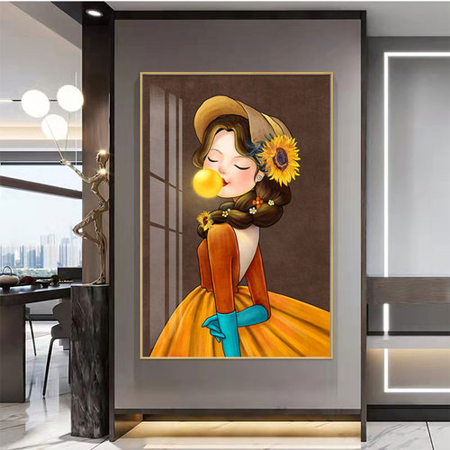 客厅装饰画向日葵玄关壁画吹泡泡女孩艺术现代轻奢走廊尽头挂画 - 图1