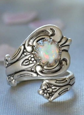 华杰跨境专供wish欧美流行开口式螺旋蛋白石花纹雕刻戒指厂家直销