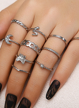 严选跨境戒指链条金属元素复古镶钻月亮蝴蝶爱心蛇形戒指10件套