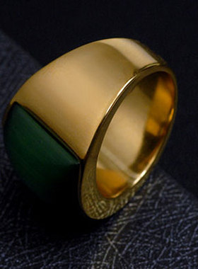 绿色猫眼石钛钢男士戒指个性霸气