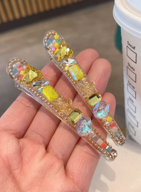 柠檬黄水晶鸭嘴夹一字夹碎发夹重工气质款感边夹发卡女头饰