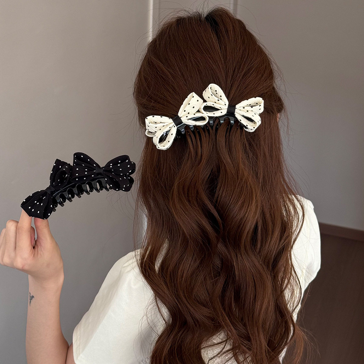 法式黑白波点蝴蝶结发夹女复古丸子头盘发抓夹气质半扎高马尾发卡,淘宝优惠券,粉丝福利购,淘宝优惠卷