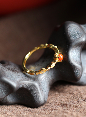 天然南红纯银戒指女镀金镶嵌锆石