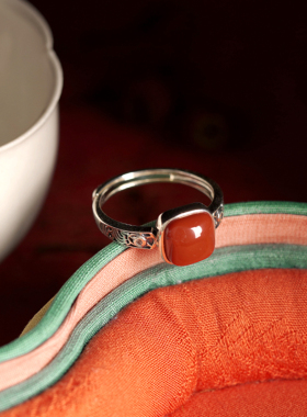 天然南红玛瑙小方糖纯银复古戒指