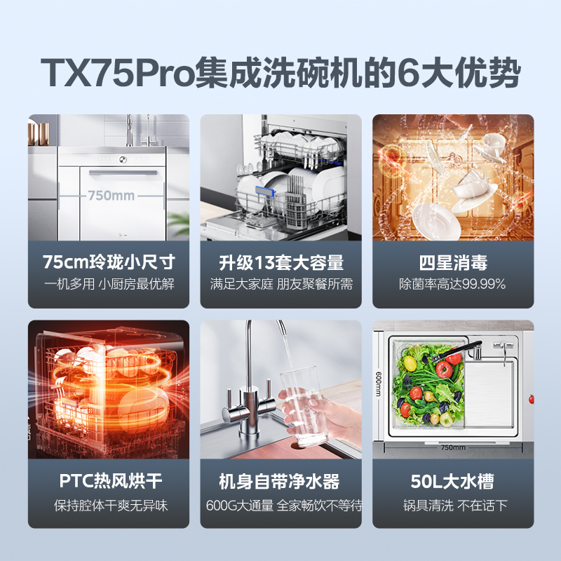 美的集成水槽洗碗机一体TX75PRO小尺寸四星消毒13套大容量旗舰店