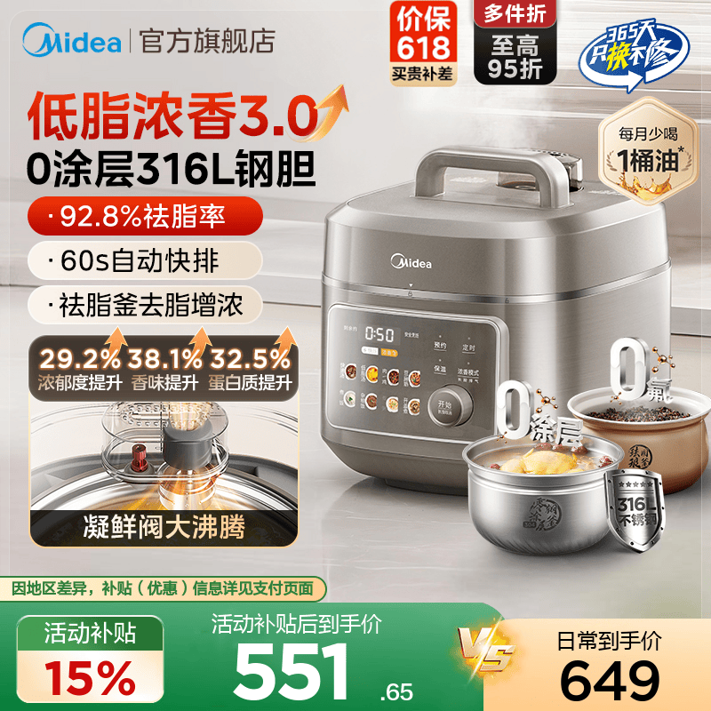 美的低脂浓香316L不锈钢电压力锅家用0氟双胆2026新款正品电饭煲