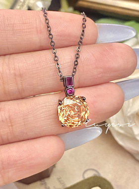 八角千禧玫瑰切帕帕拉恰吊坠项链精致高碳钻艳丽彩宝粉钻指环套装