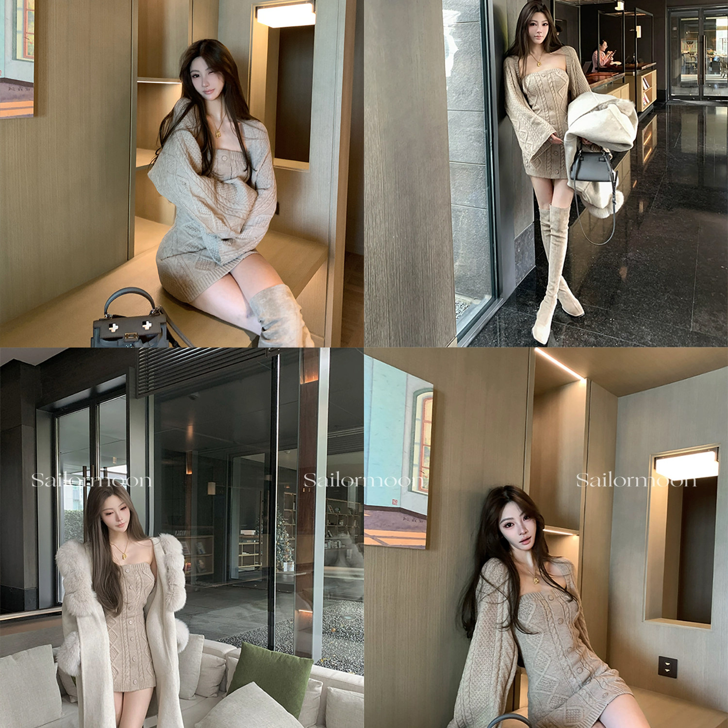 F PROJECT【摩卡慕斯】修身高弹针织包臀裙套装针织短款长袖外套,淘宝优惠券,粉丝福利购,淘宝优惠卷