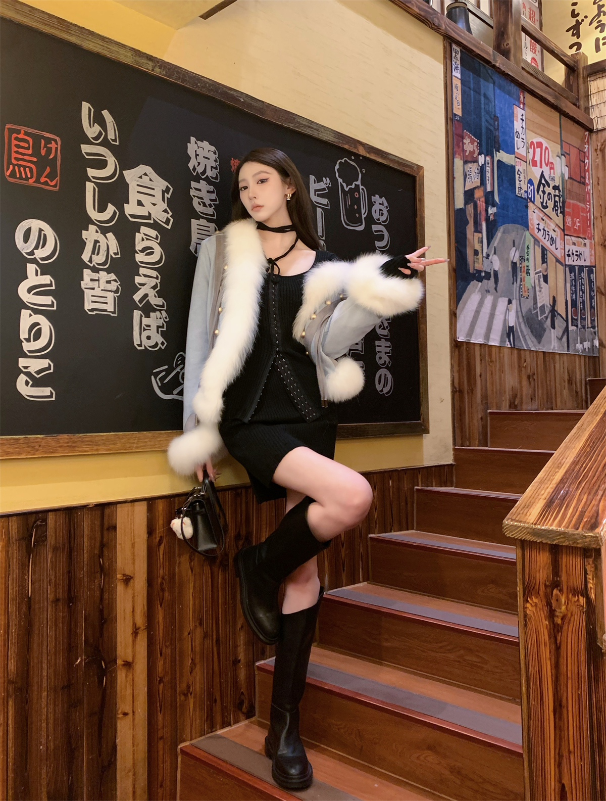 F PROJECT 狐狸毛领拼色麂皮鹅绒羽绒服女冬百搭长袖气质真毛外套 - 图0