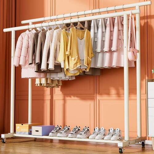 特粗特厚碳钢衣架落地立式家用卧室阳台挂衣架双排衣杆带轮晾衣架 - 图1