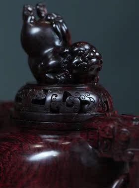 海南黄花梨紫油梨工艺品饕餮纹活环双耳鼎炉仙作摆件木制工艺摆件