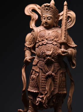 老山檀香木雕佛像韦陀护法韦驮菩萨摆件手工雕刻人物神像收藏品