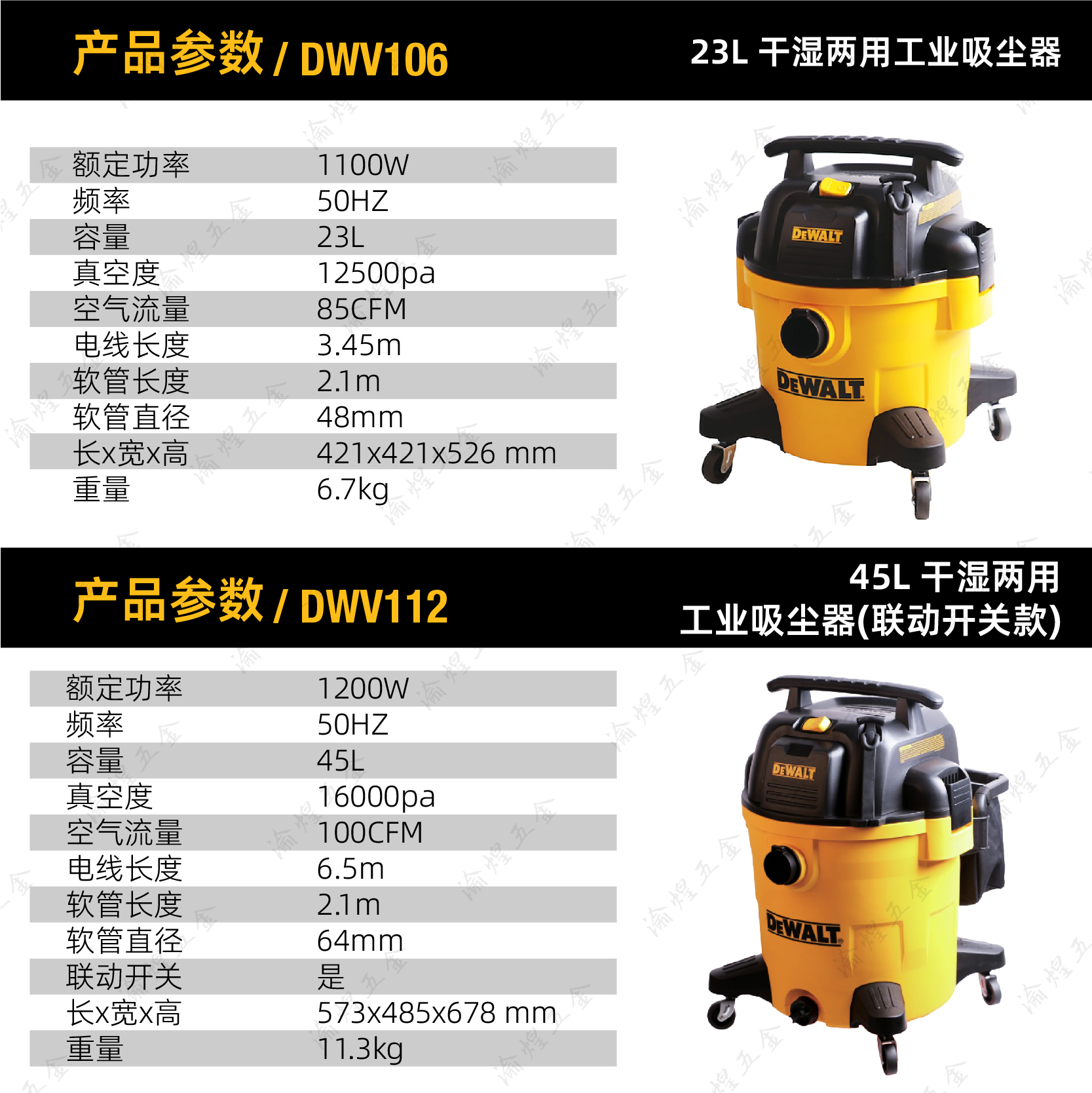 DEWALT得伟23L/45L干湿两用工业吸尘器1100W家用大功率DWV106/112 - 图0