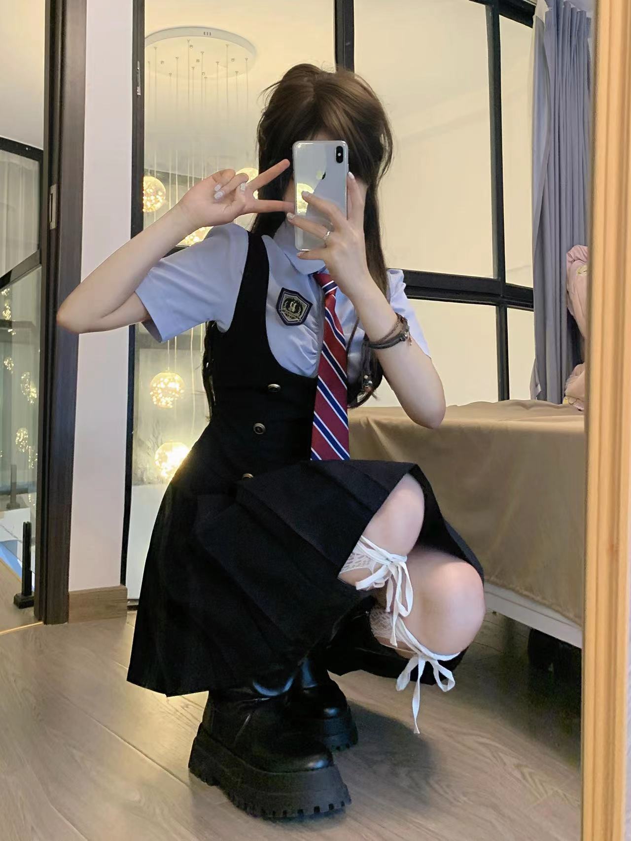 小个子夏季江原女高jk制服学院风显瘦收腰短袖衬衫绀色连衣裙套装 - 图0