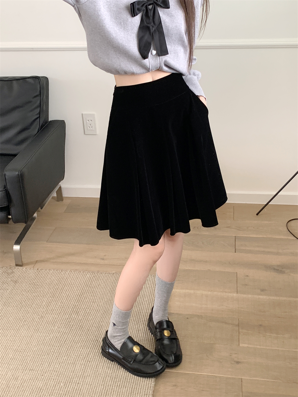 大码丝绒口袋百褶裙女中长款高腰a字裙秋冬韩版显瘦蓬蓬裙半身裙,淘宝优惠券,粉丝福利购,淘宝优惠卷