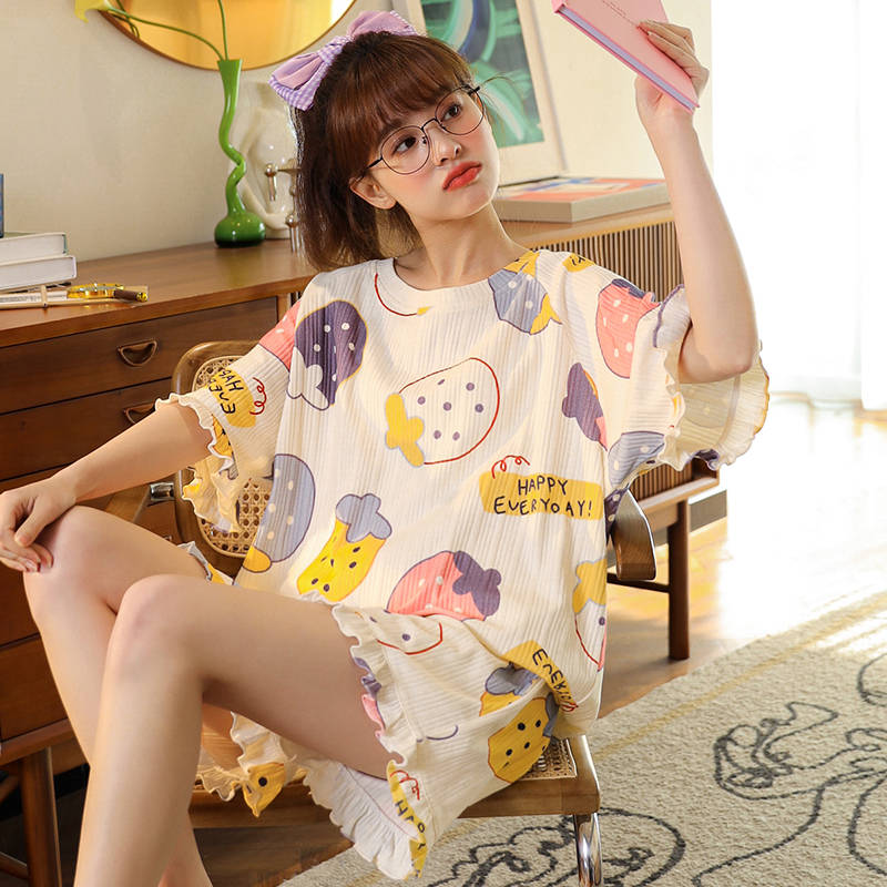 女士纯棉短袖短裤可爱加大码睡衣 香尔玛睡衣/家居服套装