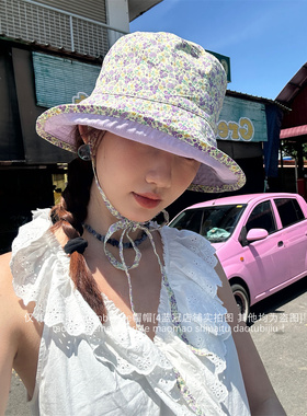 法式小花花双面戴奶黄色渔夫帽潮