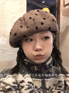 日系古早味波点贝雷帽子女显脸小