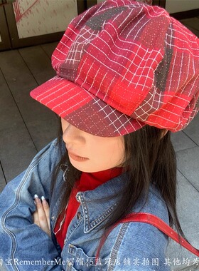 大版显脸小显白红色格纹八角帽潮