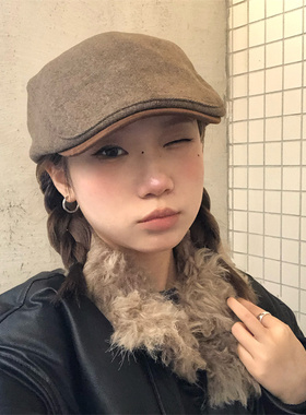 高品质老钱风羊毛呢复古前进帽女