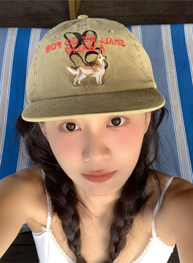 美式小狗刺绣黑灰色平檐帽软顶潮