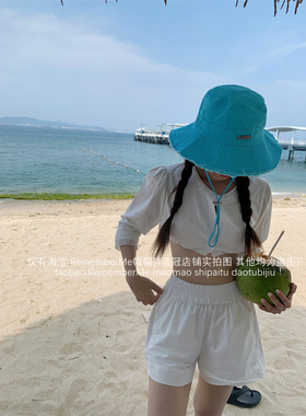 宅女同款蓝色毛边渔夫帽海边遮阳