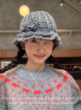 少女感花朵针织毛线帽显脸小盆帽
