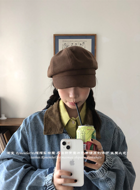 复古毛呢咖啡色显脸小八角帽秋冬