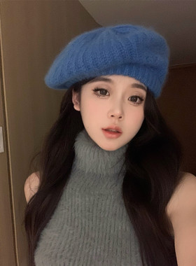 显白蓝色兔毛贝雷帽大头围显脸小