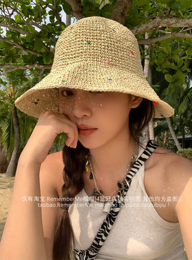大帽檐彩色勾线遮阳草帽夏季出游