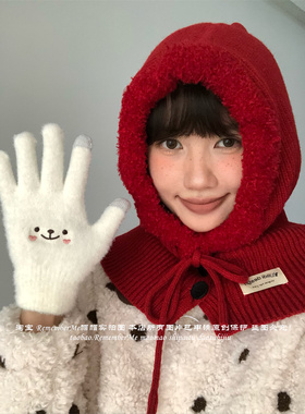 潮女穿搭红色巴拉克拉法帽围脖潮