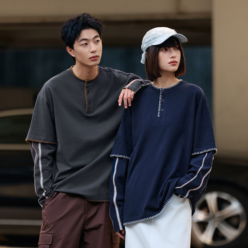 PSO Brand男装女装【假两件】磨毛棉混莱赛尔亨利领民族风长袖T恤 - 图0