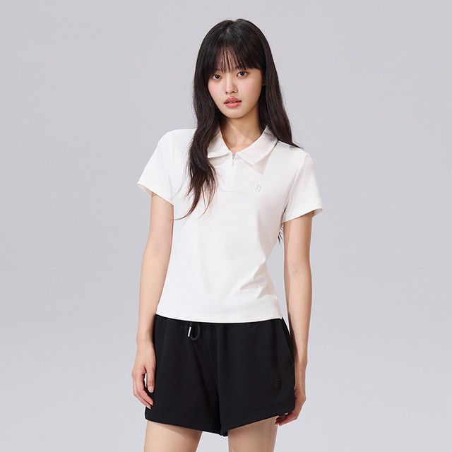 PSO Brand women's stretch rib embroidered half-zip short-sleeved POLO shirt slimming half-sleeved summer trend