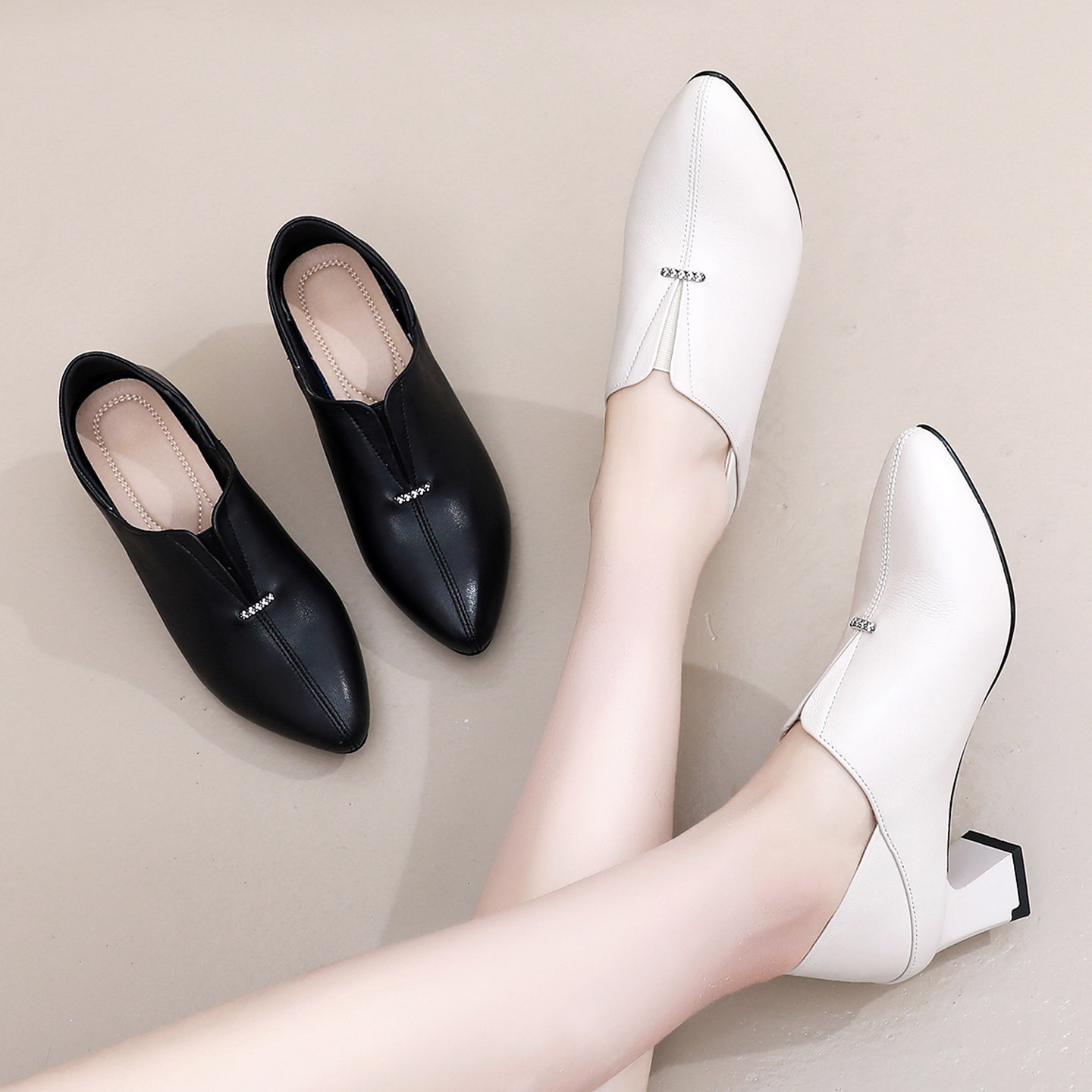 真皮粗跟单鞋春秋时尚尖头工作鞋小码3233女鞋两穿软底深口小皮鞋,淘宝优惠券,粉丝福利购,淘宝优惠卷