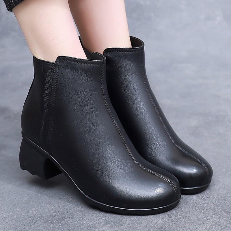 全牛皮粗跟短靴秋冬百搭软底妈妈鞋圆头棕色女靴中年真皮加绒棉鞋,淘宝优惠券,粉丝福利购,淘宝优惠卷