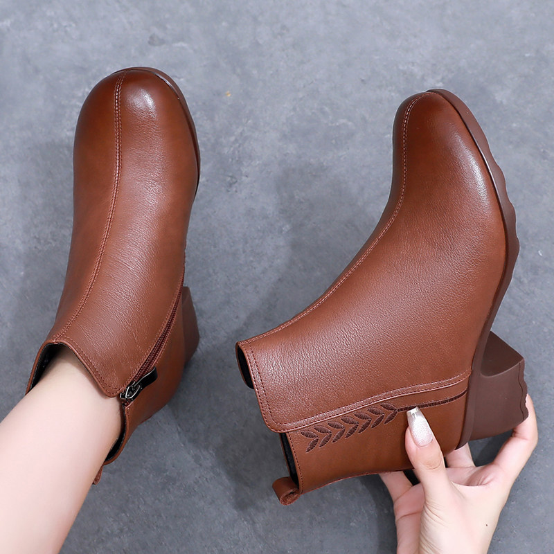 全牛皮粗跟短靴秋冬百搭软底妈妈鞋圆头棕色女靴中年真皮加绒棉鞋,淘宝优惠券,粉丝福利购,淘宝优惠卷