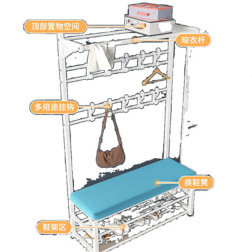 换鞋凳衣帽架落地卧室家用多功能挂衣服架可坐简易门口置物架鞋架 - 图3