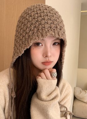 山姆2025新款毛线针织帽子女出游百搭流苏穿搭套头冷帽红色复古包