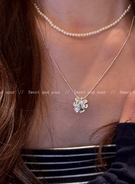 甜酷双层蝴蝶结珍珠项链女轻奢高级感精致锁骨链2025新款百搭颈链
