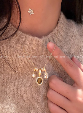 复古虎眼石项链女2025新款高级感毛衣链配饰轻奢小众设计锁骨链潮