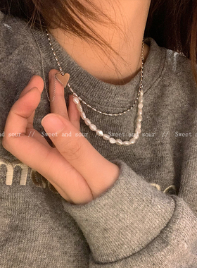 y2k假两件双层爱心流苏珍珠项链高级感轻奢小众设计简约锁骨链潮