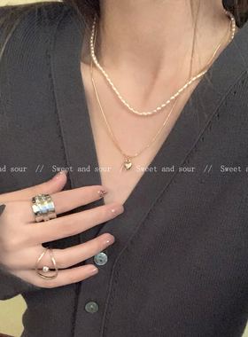 叠戴轻奢百搭双层锁骨链米粒珍珠