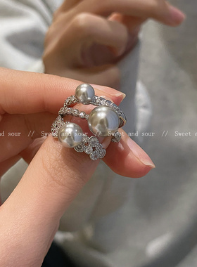 小众百搭珍珠戒指开口可调节冷淡风高级感时尚指环2024新款爆款手